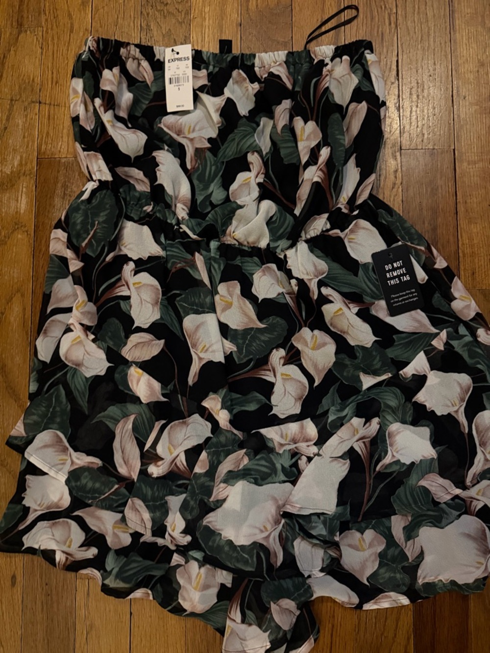 Express Black Strapless Floral Romper with White and Green Print